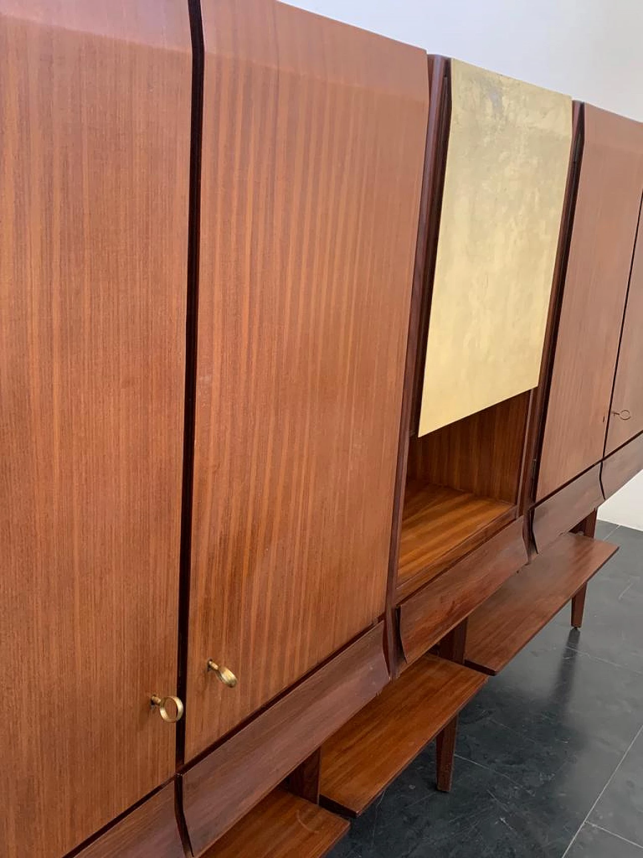 Three-door highboard in teak and parchment in the style of Silvio Cavatorta, 1960s 7
