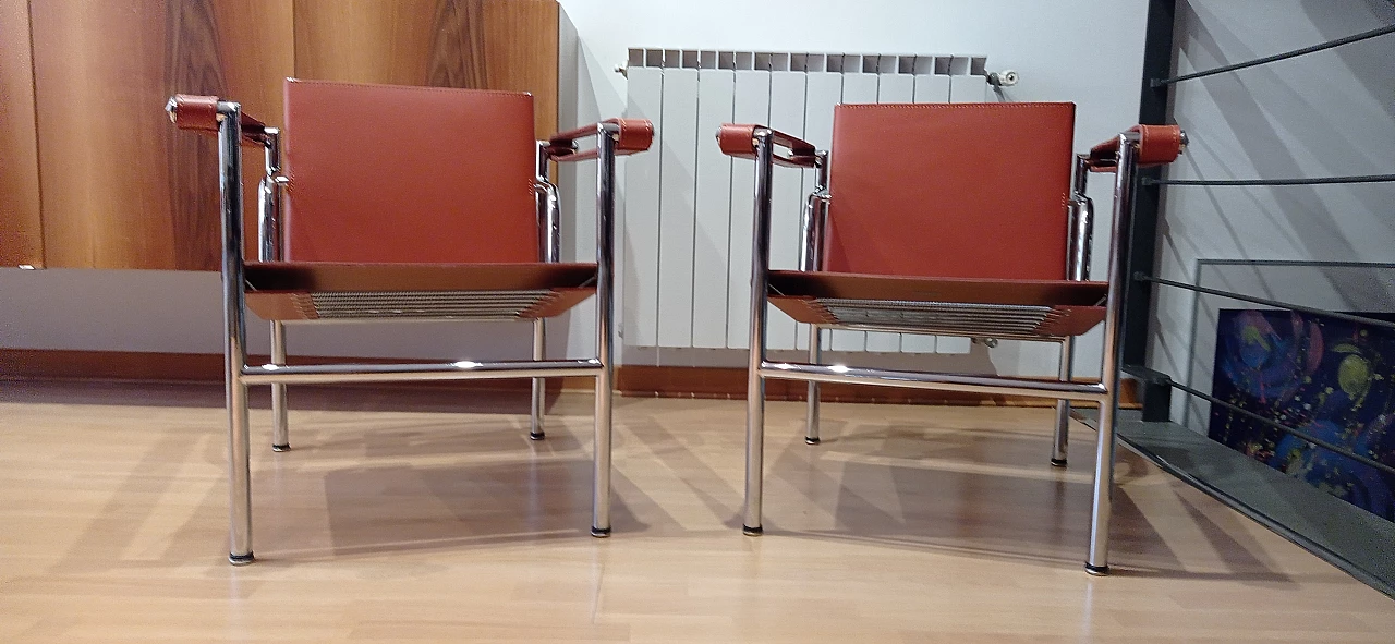 Pair of LC1 leather armchairs by Le Corbusier, P. Jeanneret and C. Perriand for Alivar, 1980s 15
