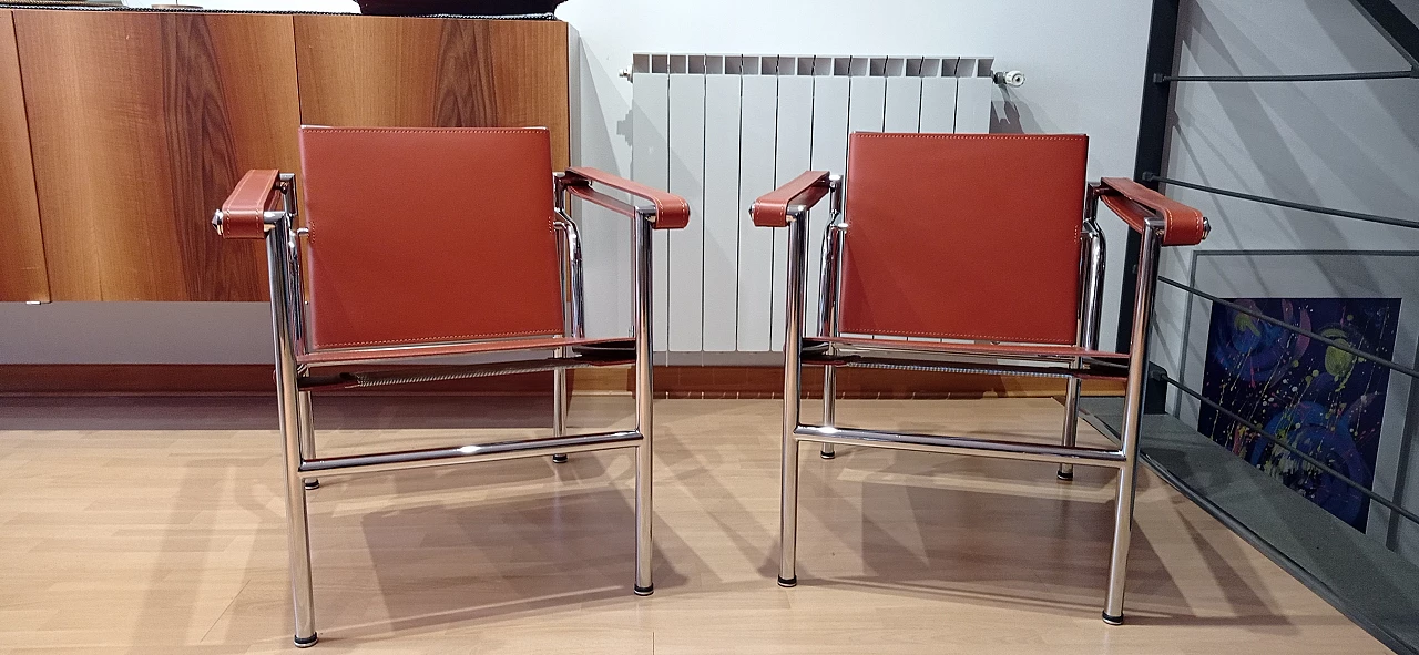 Pair of LC1 leather armchairs by Le Corbusier, P. Jeanneret and C. Perriand for Alivar, 1980s 16
