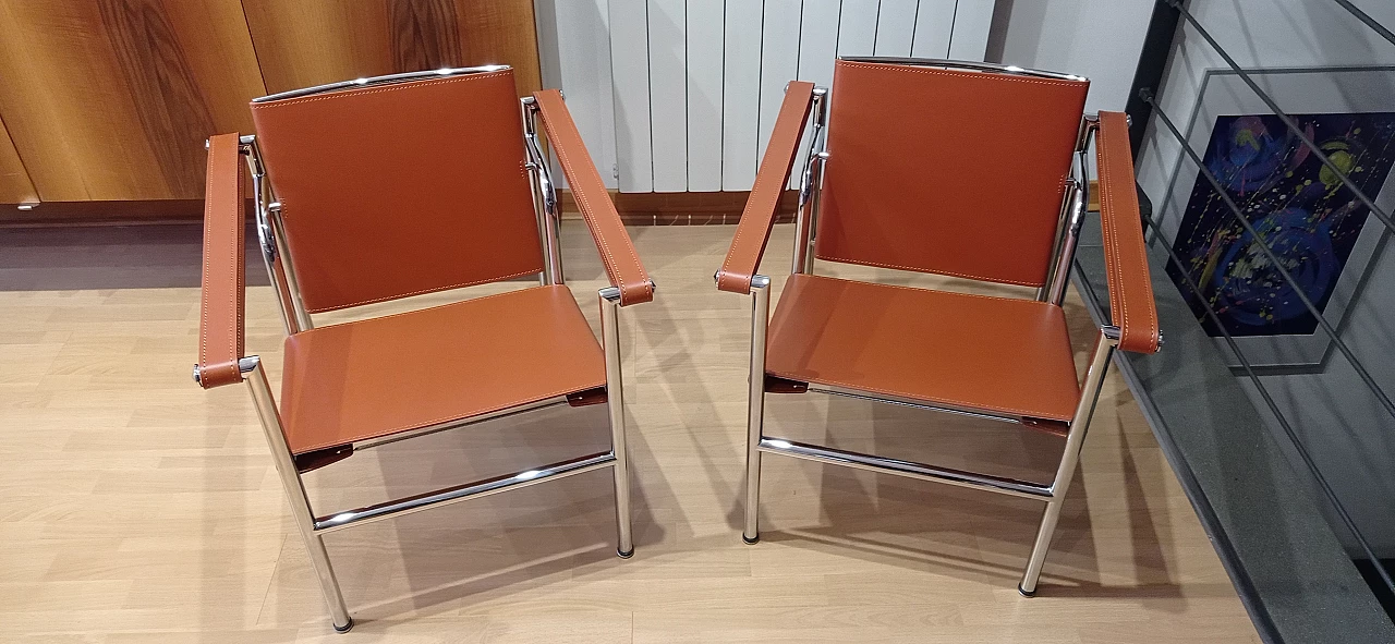 Pair of LC1 leather armchairs by Le Corbusier, P. Jeanneret and C. Perriand for Alivar, 1980s 19