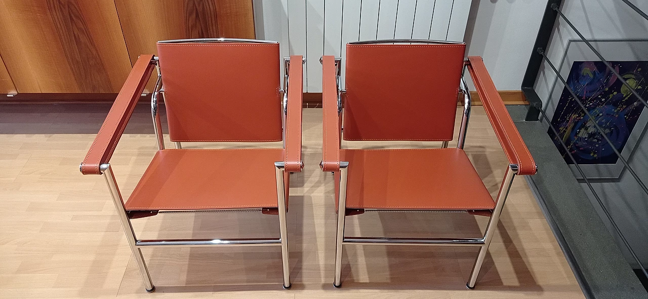 Pair of LC1 leather armchairs by Le Corbusier, P. Jeanneret and C. Perriand for Alivar, 1980s 46