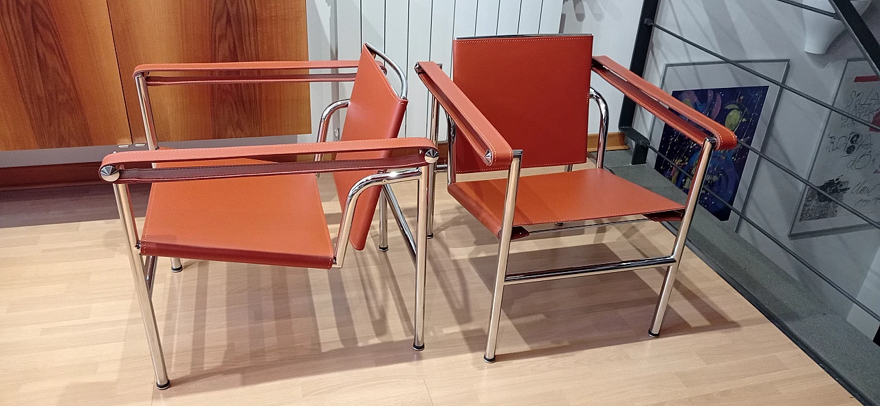 Pair of LC1 leather armchairs by Le Corbusier, P. Jeanneret and C. Perriand for Alivar, 1980s 48