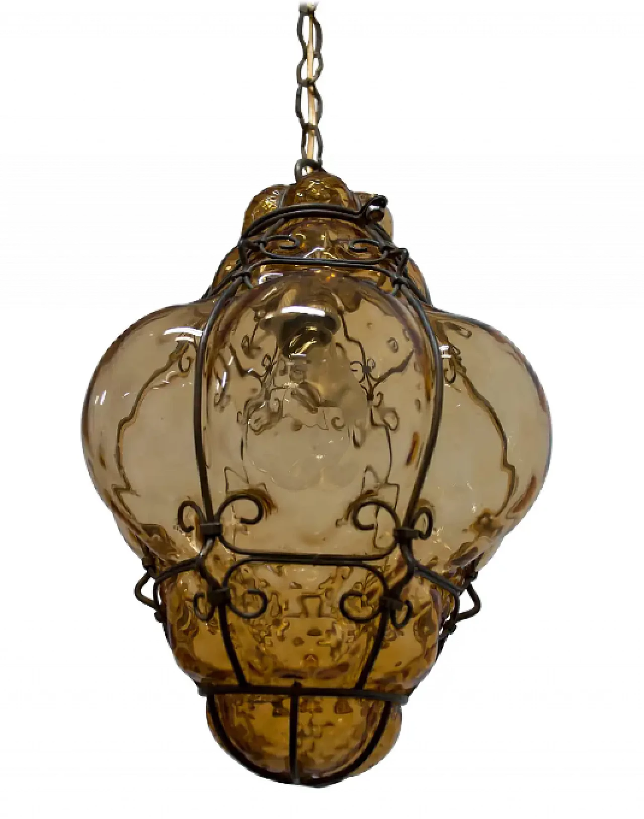 Lampada a sospensione in vetro ambrato soffiato di Murano di Archimede Seguso, anni '40 1