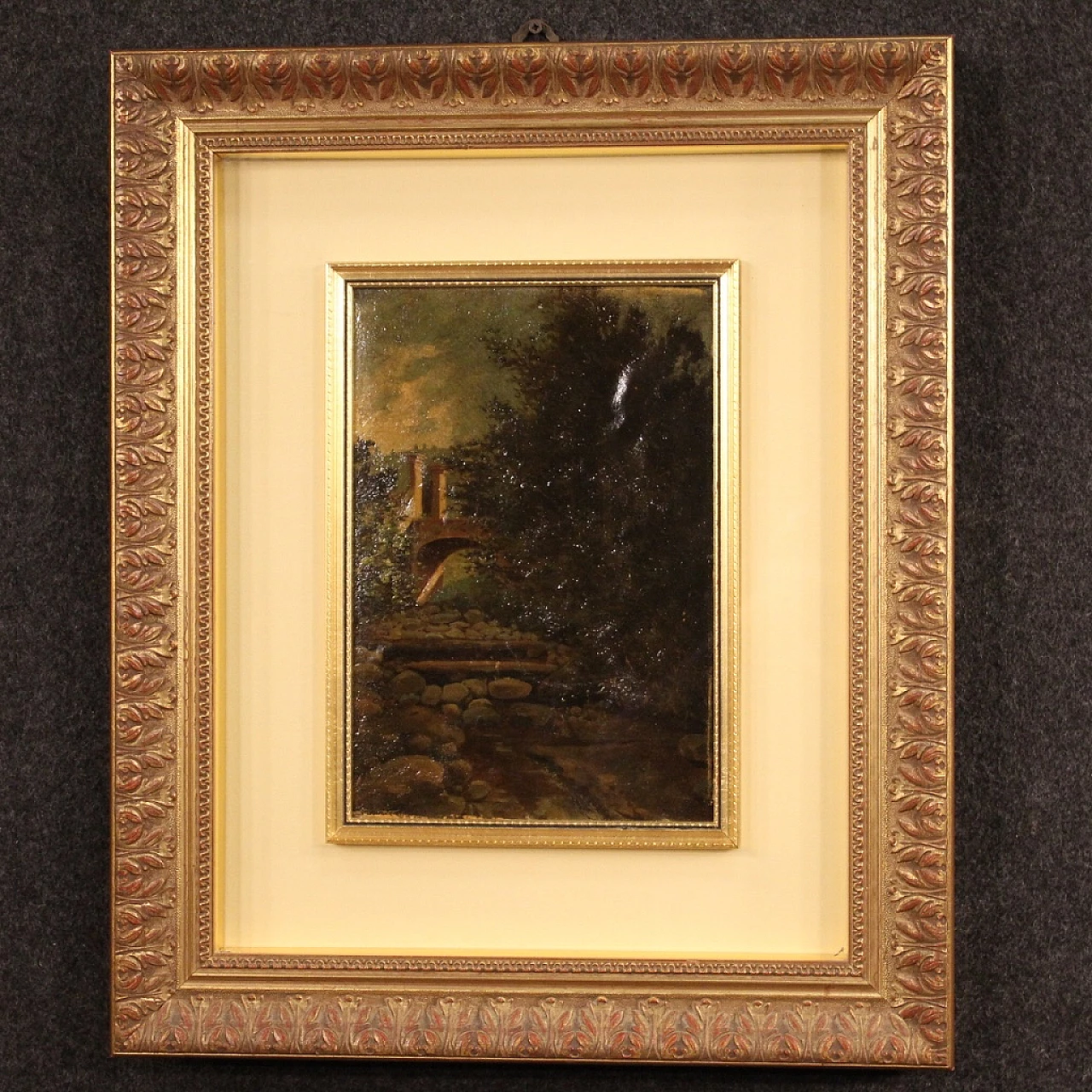 Landscape with trees and architectures, oil painting on cardboard 1