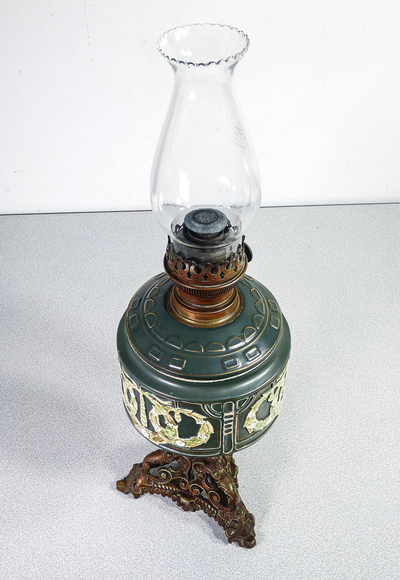 Art Nouveau oil lamp in glazed ceramic, bronze and crystal by Forti Chiesara Cristal de Roche, early 20th century 2