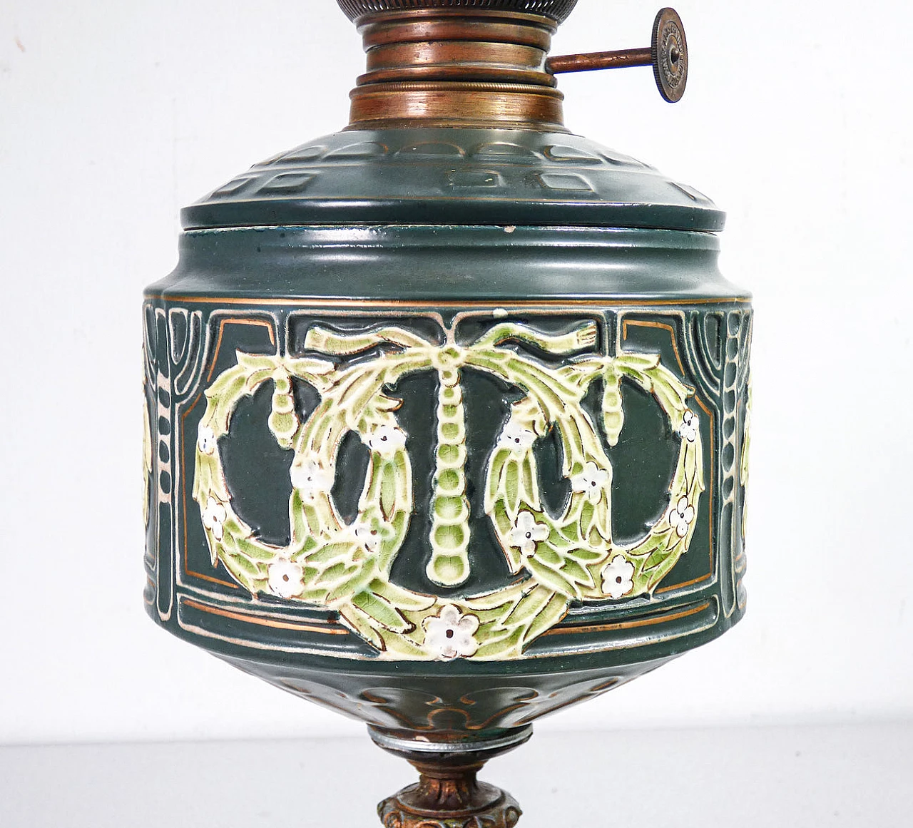 Art Nouveau oil lamp in glazed ceramic, bronze and crystal by Forti Chiesara Cristal de Roche, early 20th century 3
