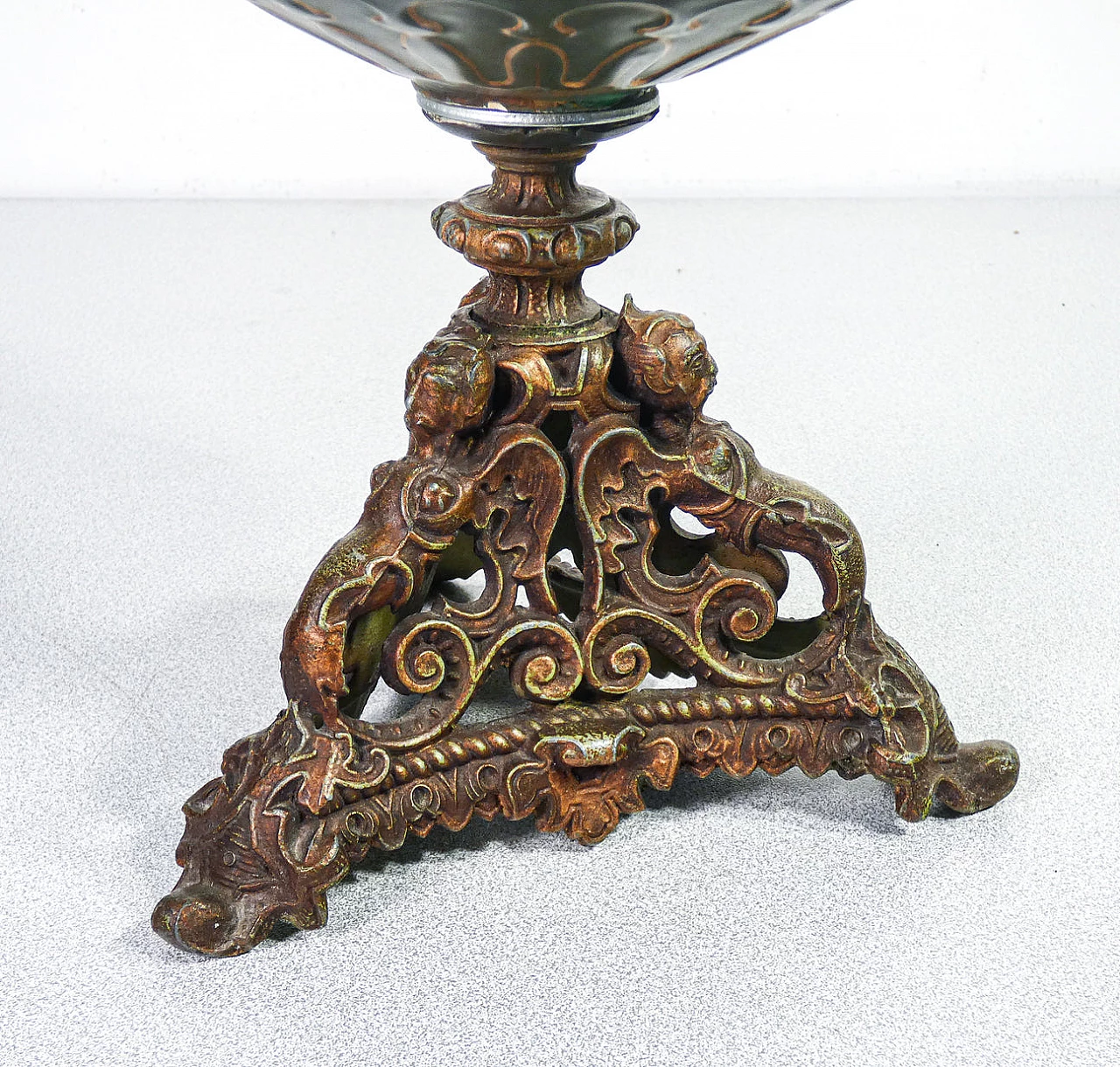 Art Nouveau oil lamp in glazed ceramic, bronze and crystal by Forti Chiesara Cristal de Roche, early 20th century 4