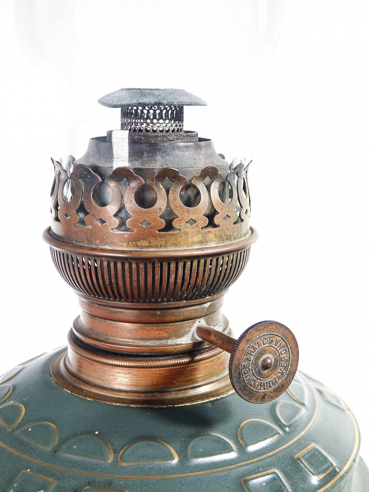 Art Nouveau oil lamp in glazed ceramic, bronze and crystal by Forti Chiesara Cristal de Roche, early 20th century 6