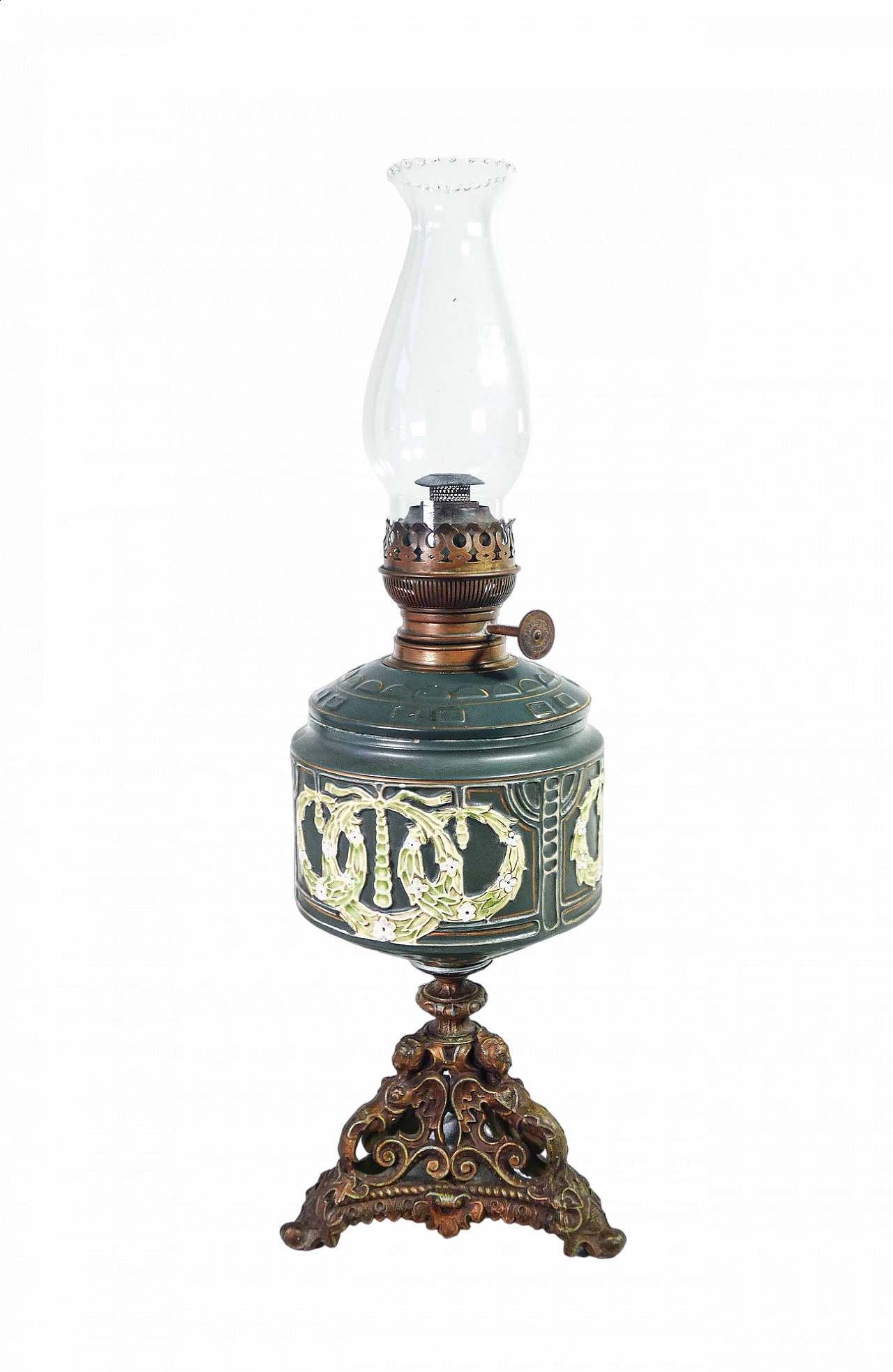 Art Nouveau oil lamp in glazed ceramic, bronze and crystal by Forti Chiesara Cristal de Roche, early 20th century 11