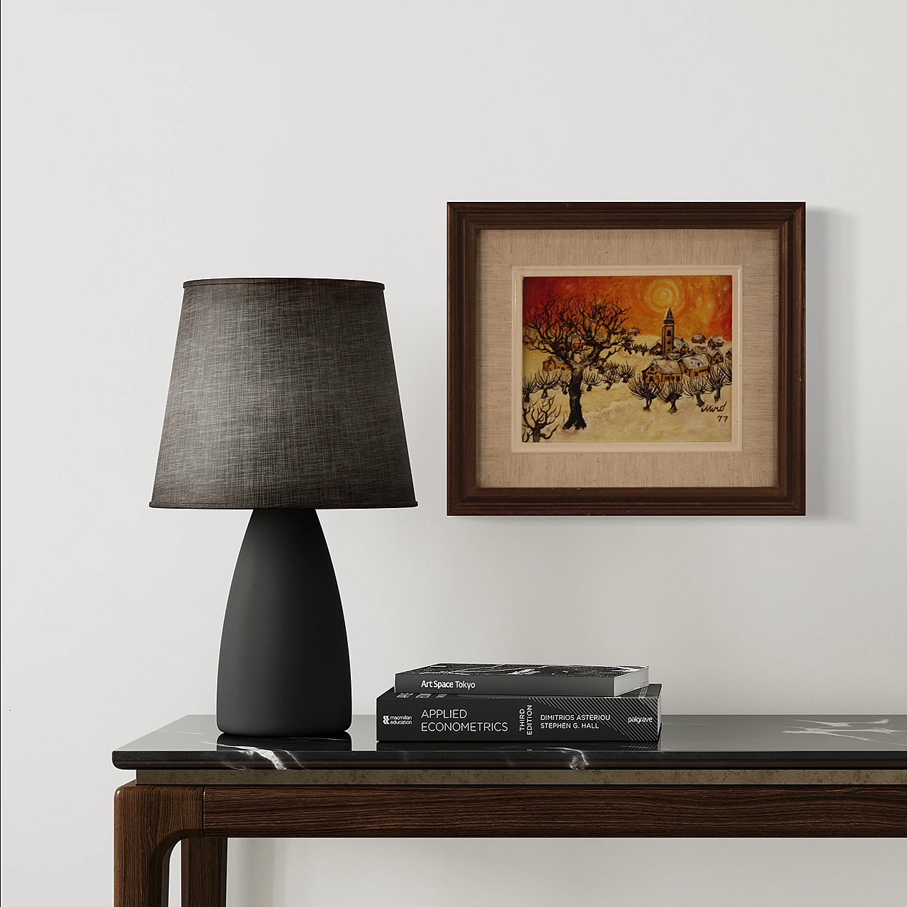 Paesaggio di campagna con paese, dipinto a olio su masonite, 1977 1