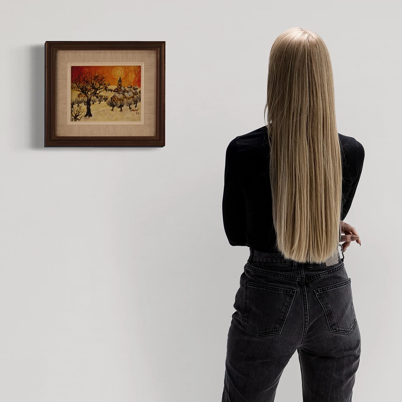 Paesaggio di campagna con paese, dipinto a olio su masonite, 1977 2