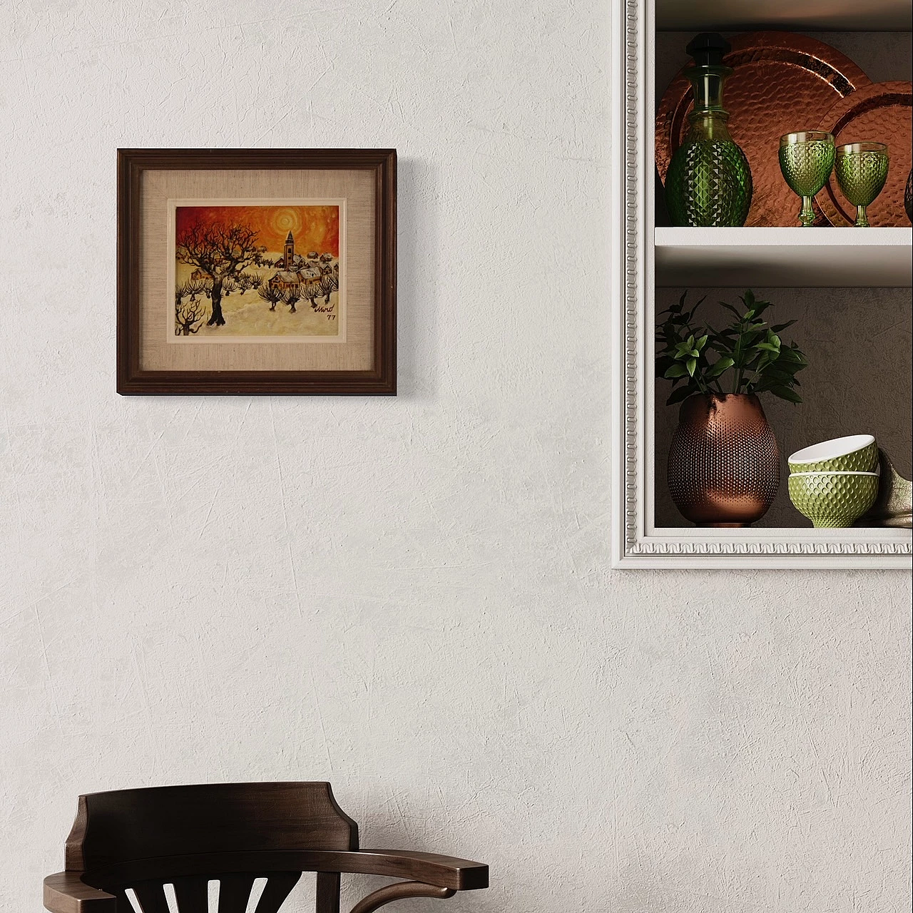 Paesaggio di campagna con paese, dipinto a olio su masonite, 1977 3