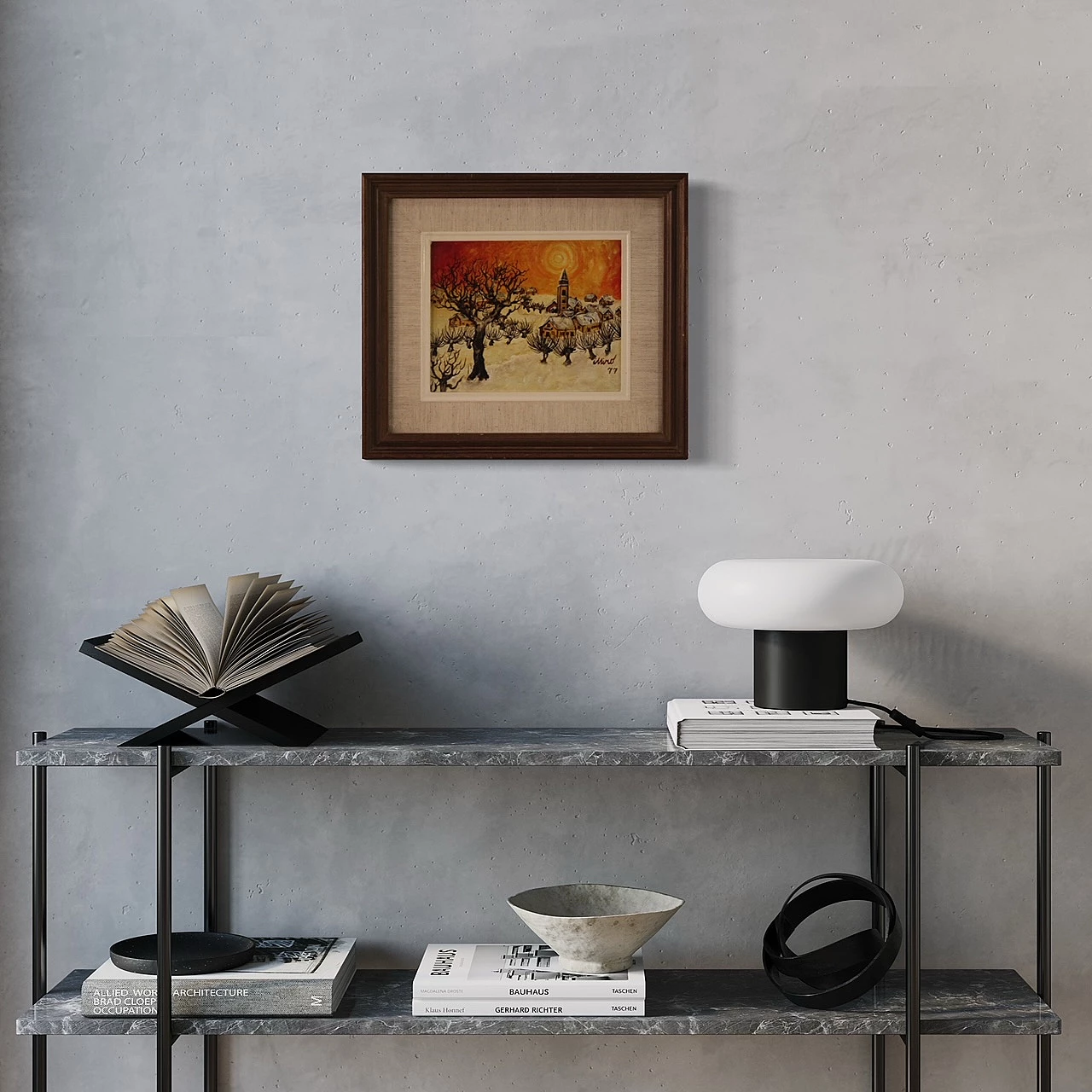 Paesaggio di campagna con paese, dipinto a olio su masonite, 1977 4