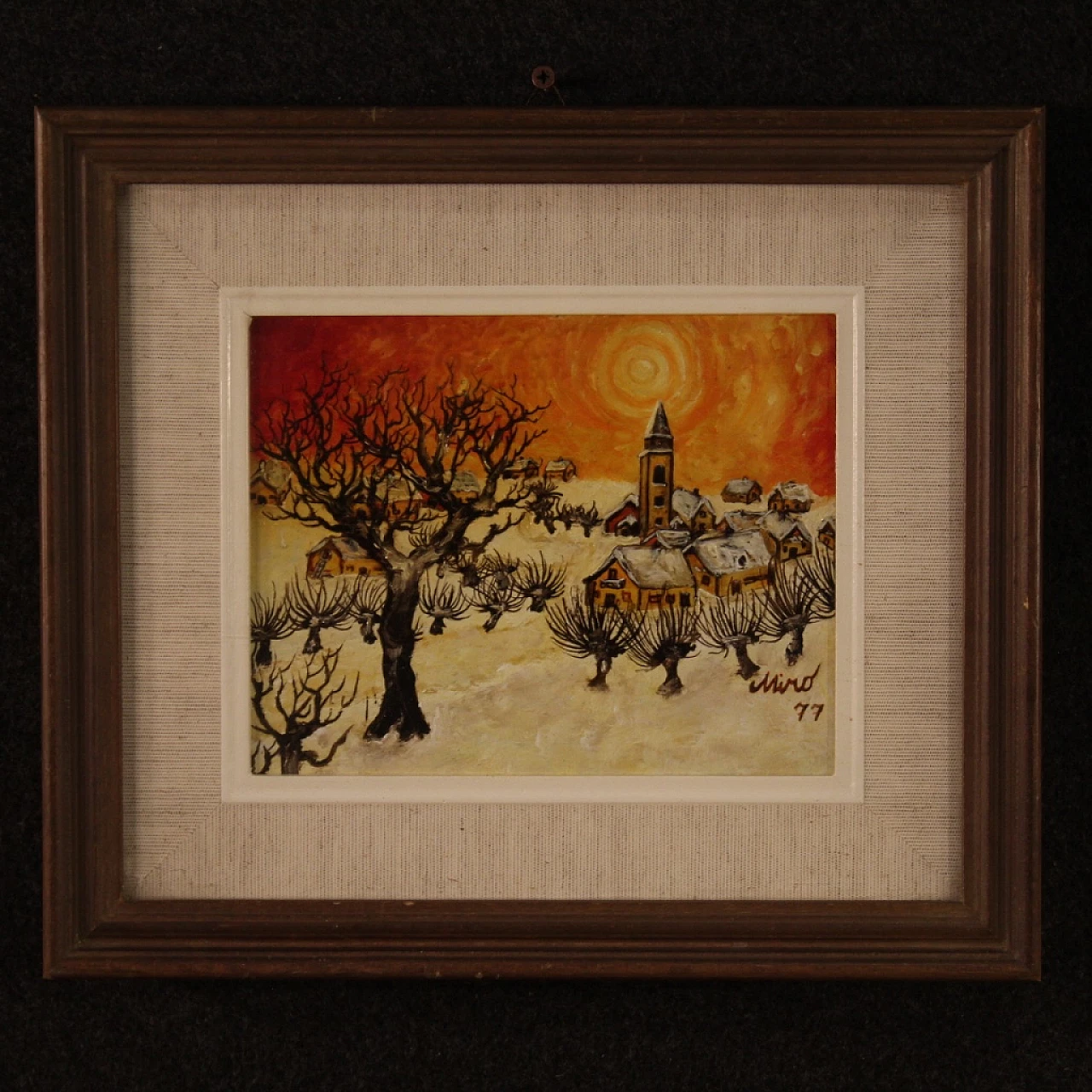 Paesaggio di campagna con paese, dipinto a olio su masonite, 1977 7