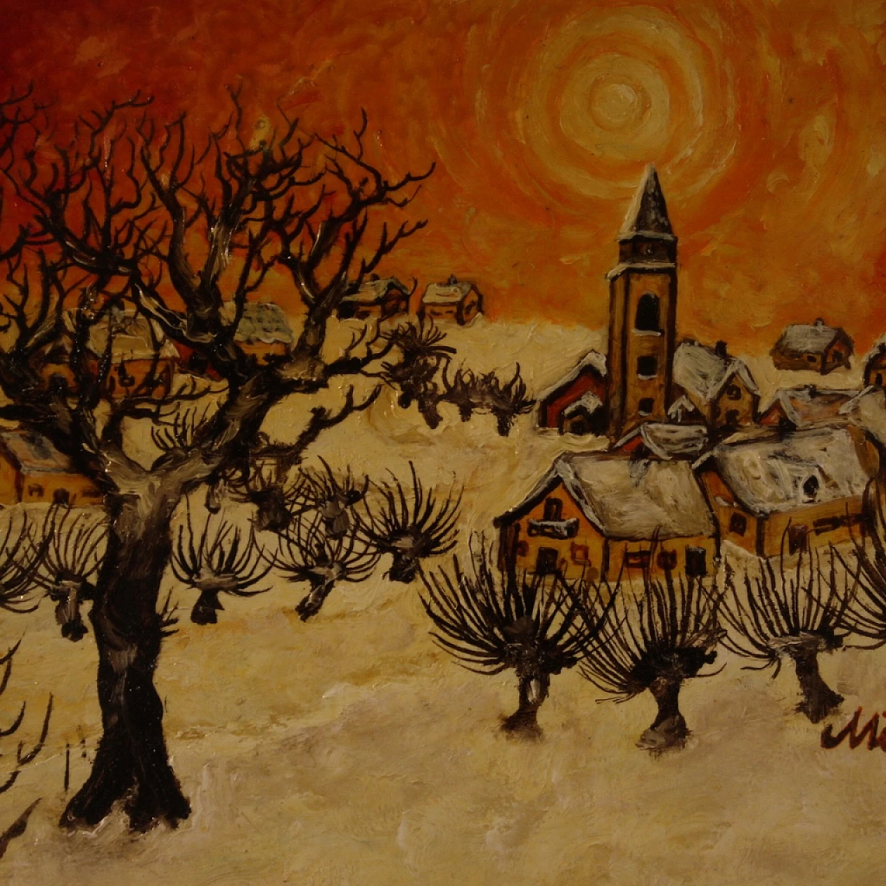 Paesaggio di campagna con paese, dipinto a olio su masonite, 1977 8