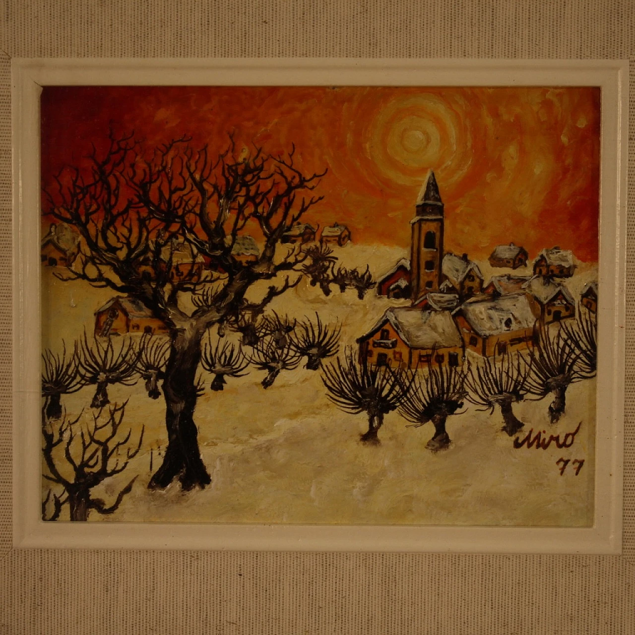 Paesaggio di campagna con paese, dipinto a olio su masonite, 1977 9