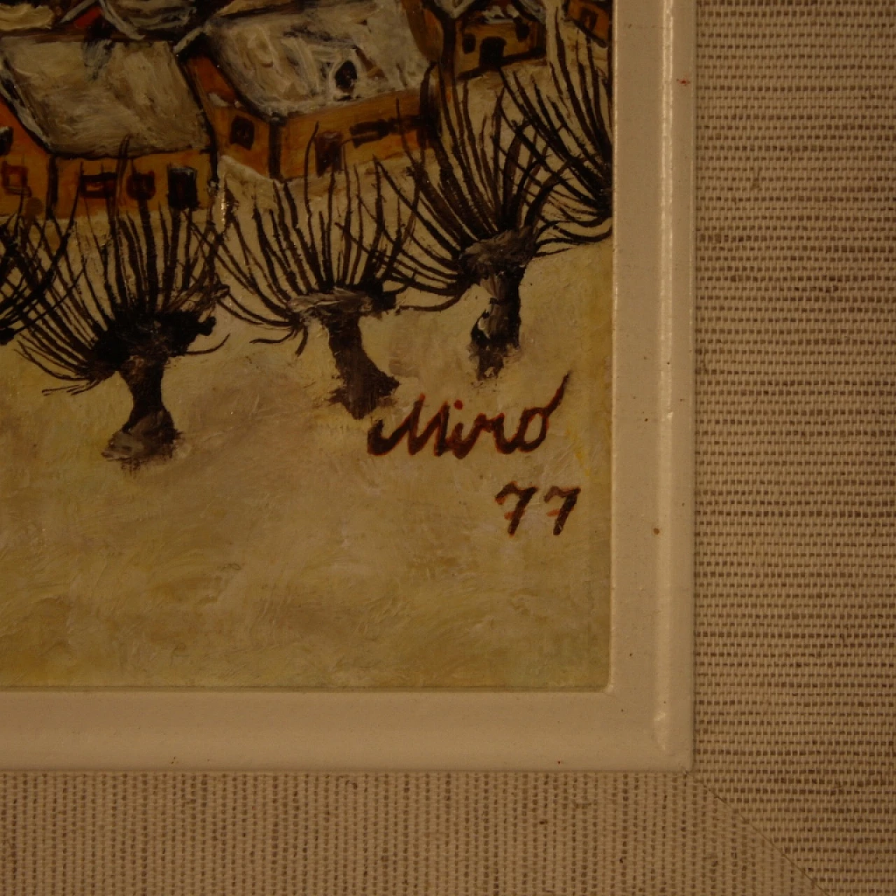 Paesaggio di campagna con paese, dipinto a olio su masonite, 1977 10