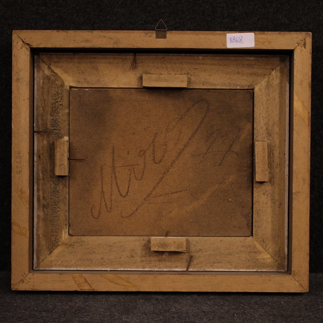 Paesaggio di campagna con paese, dipinto a olio su masonite, 1977 11