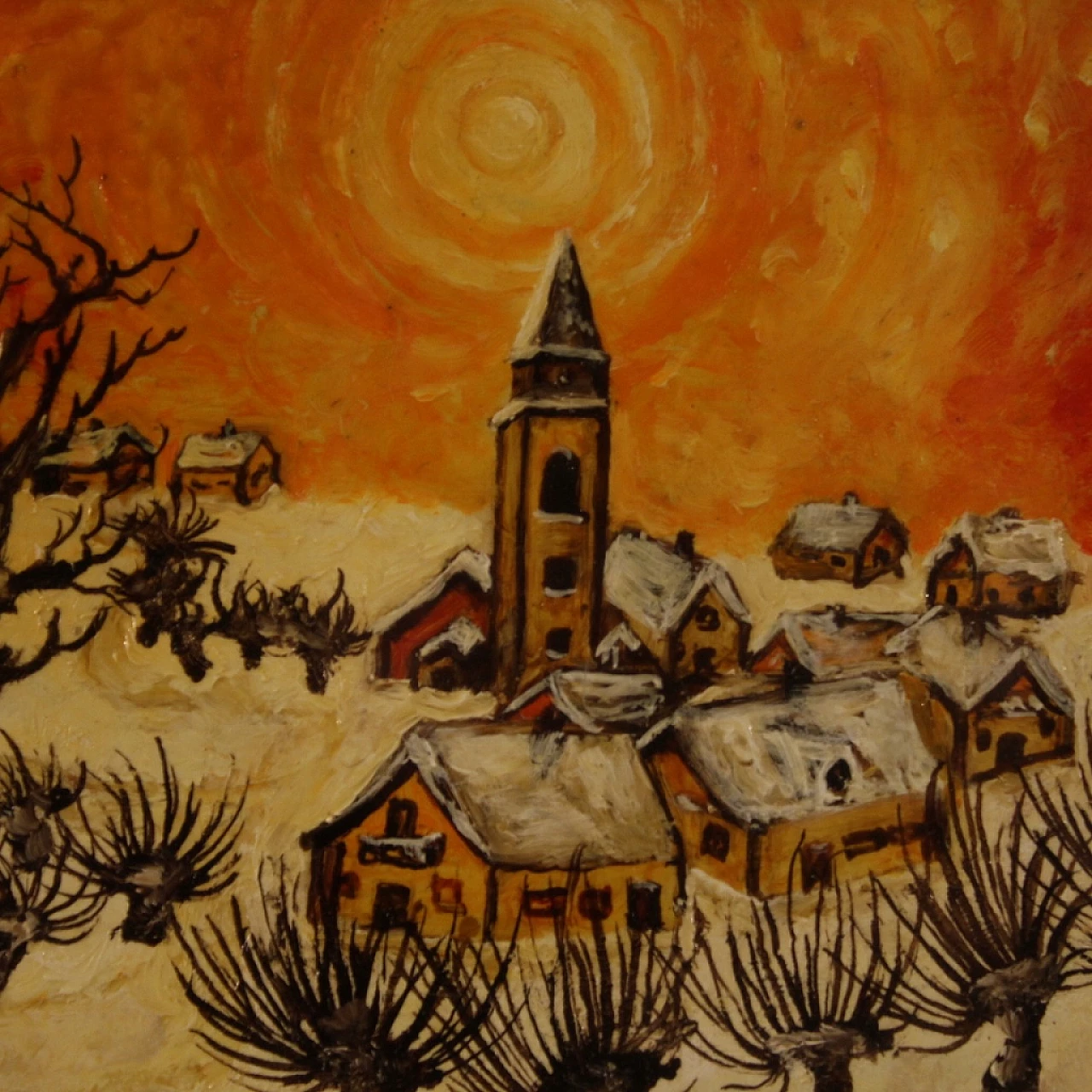 Paesaggio di campagna con paese, dipinto a olio su masonite, 1977 12