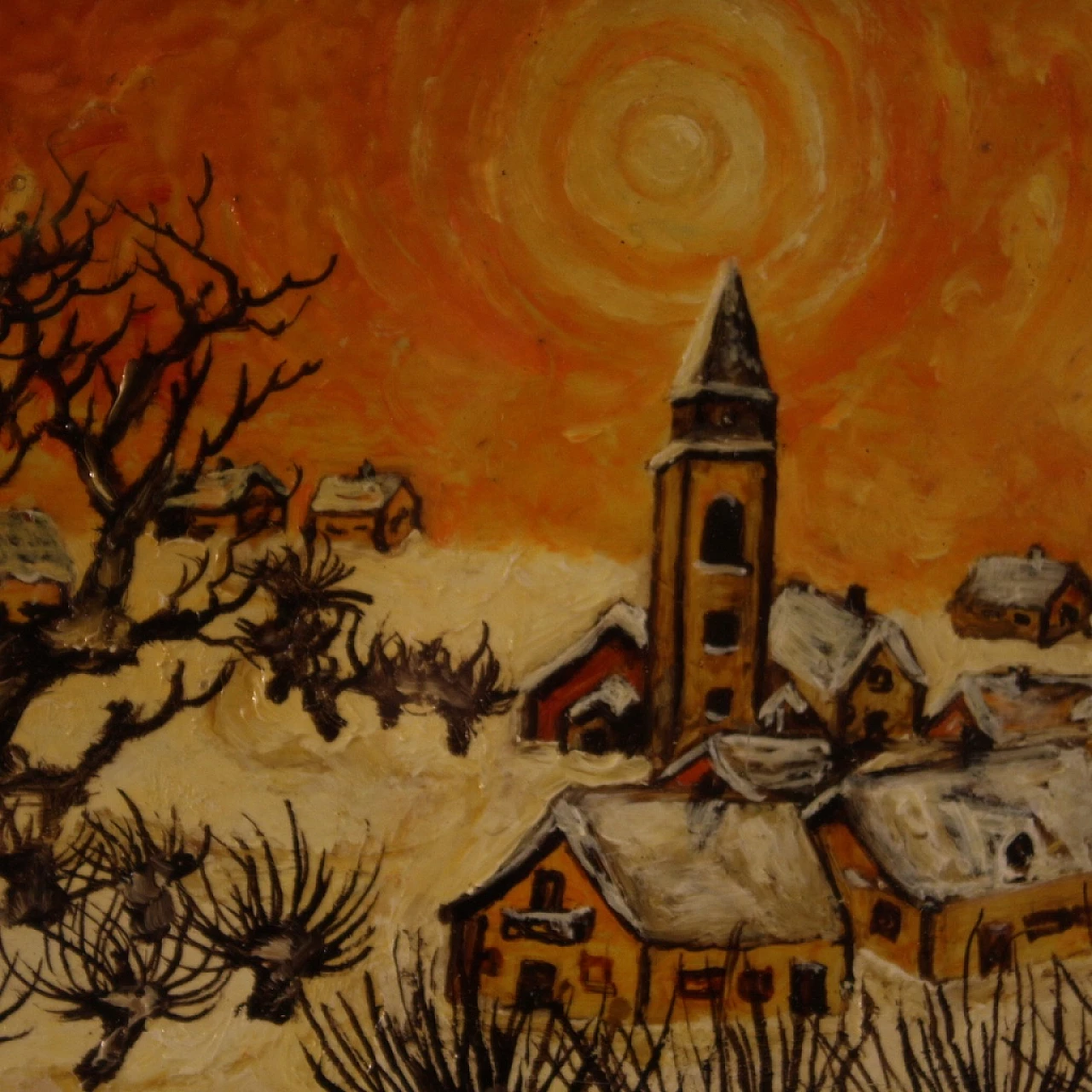 Paesaggio di campagna con paese, dipinto a olio su masonite, 1977 13