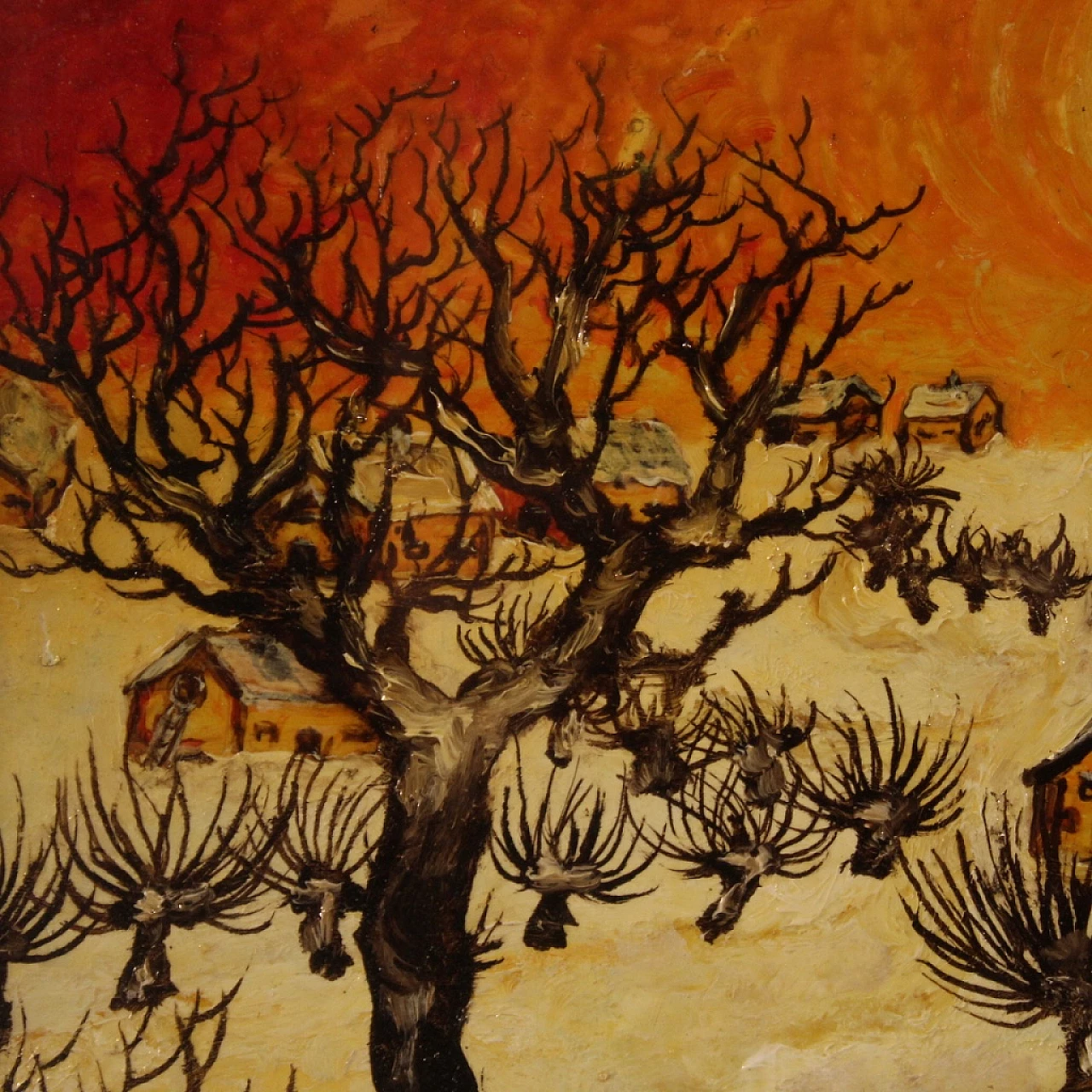 Paesaggio di campagna con paese, dipinto a olio su masonite, 1977 15