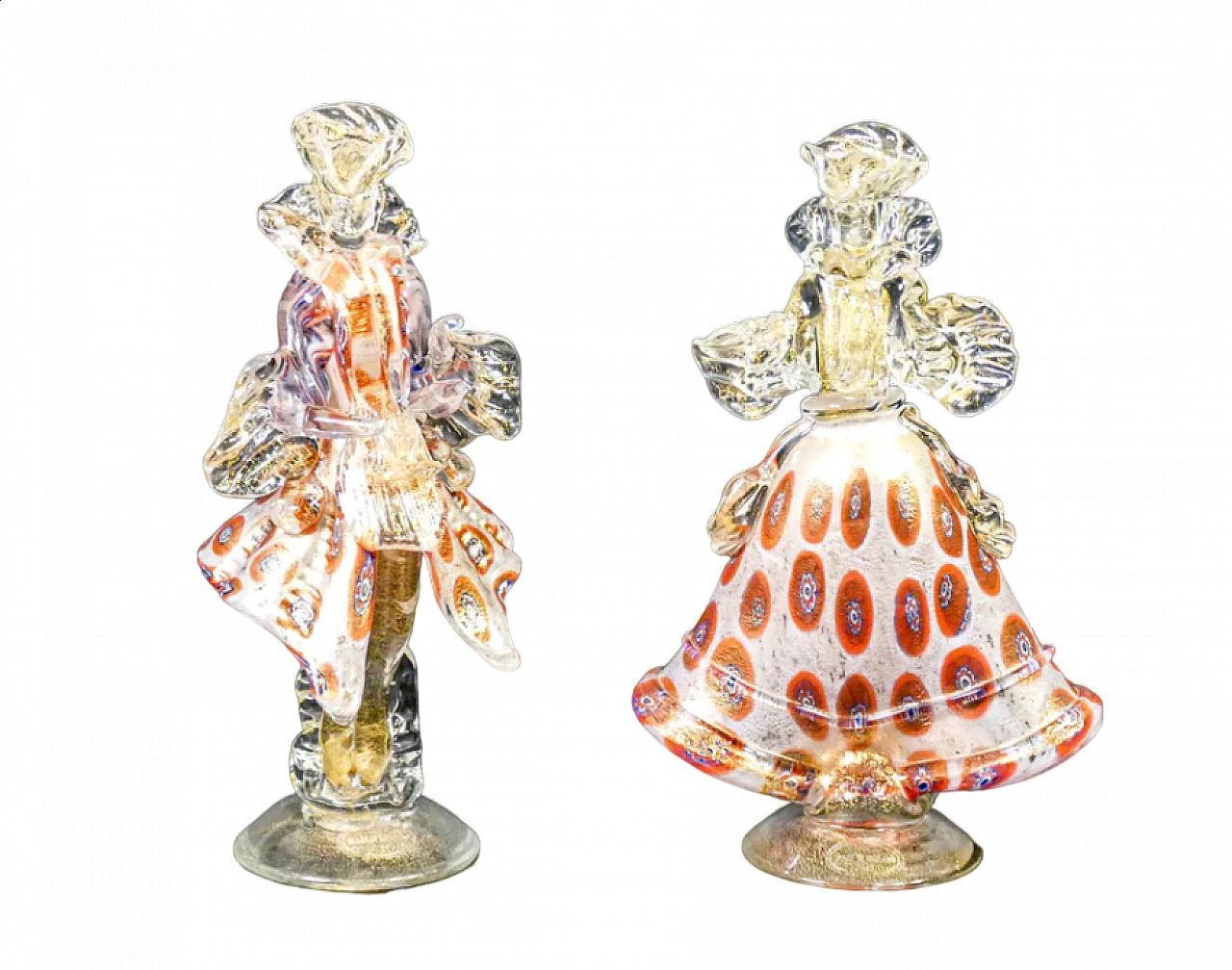 Coppia di figure goldoniane, Cavaliere e Dama in vetro soffiato policromo di Murano, primo '900 12
