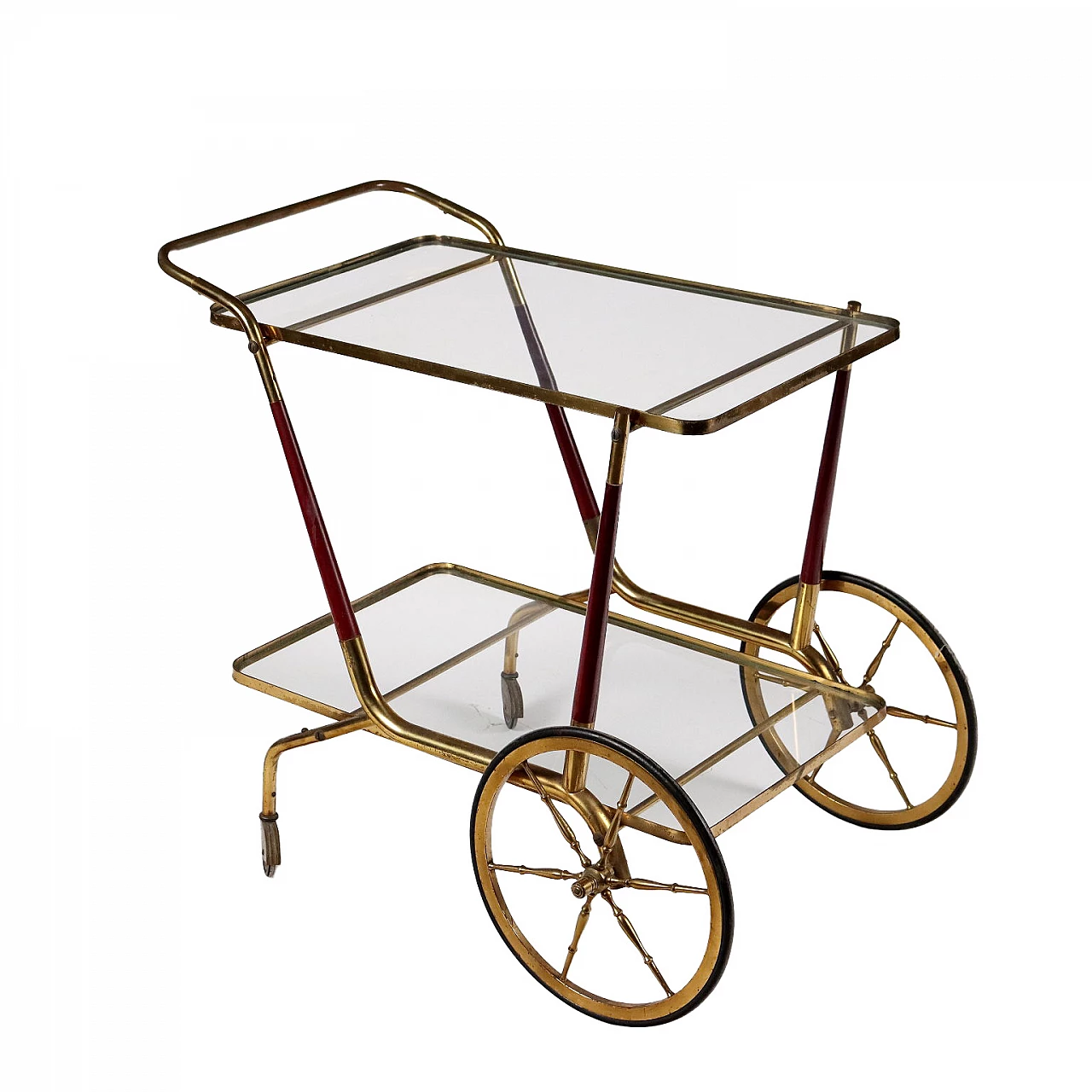 Carrello a doppio ripiano in vetro, ottone e legno, anni '50 1