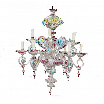 Twelve-light chandelier in coloured Murano glass, early 20th century