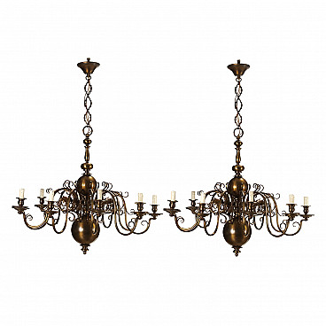 Pair of Dutch ten-light bronze chandeliers in Baroque style