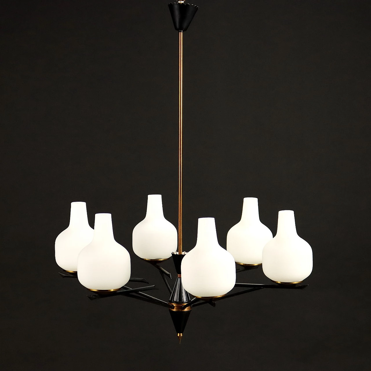Enamelled metal and brass chandelier with opaline glass shades, 1960s 1