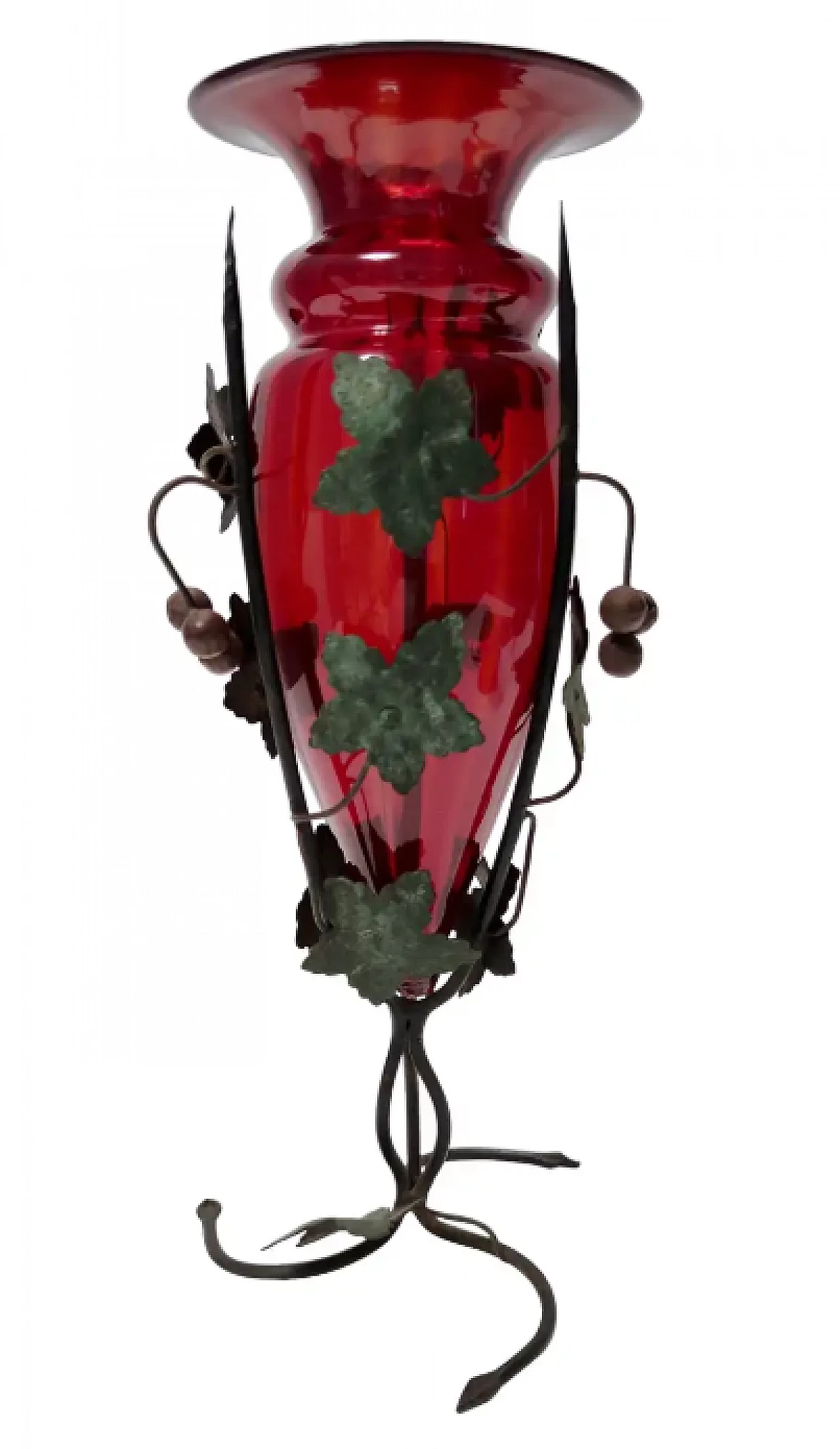 Ruby red Murano glass vase with iron grape vines ascribable to Umberto Bellotto, 1930s 1