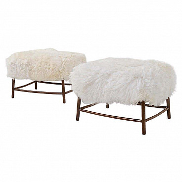 Pair of wooden poufs with fur by T.H. Robsjohn-Gibbings, 1950s