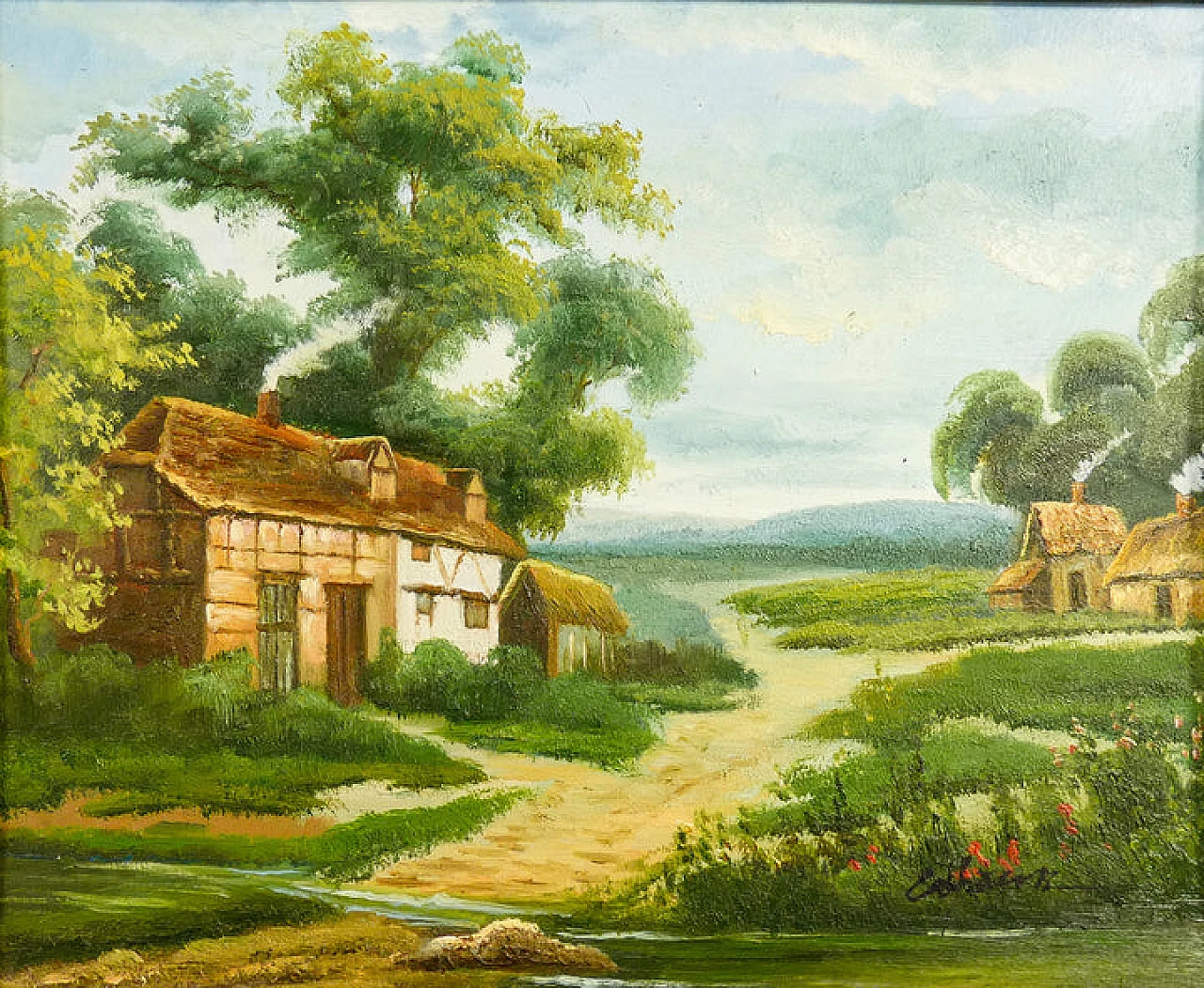 Paesaggio rurale con case, dipinto a olio su tavola, inizio '900 2