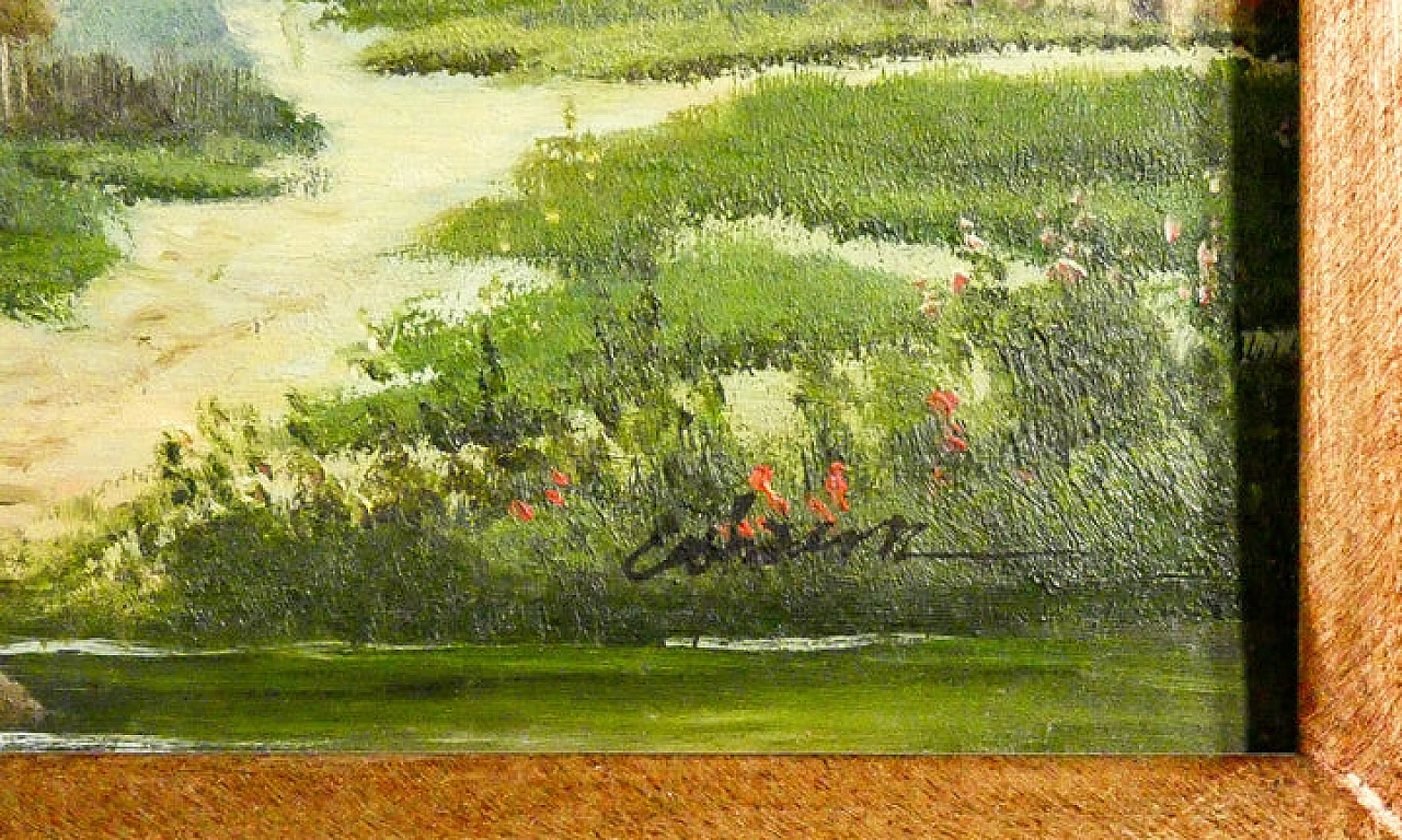 Paesaggio rurale con case, dipinto a olio su tavola, inizio '900 3