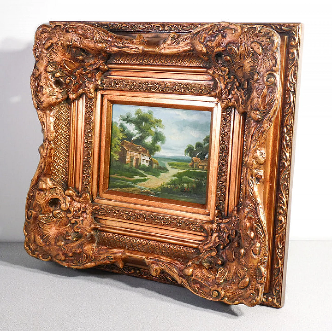 Paesaggio rurale con case, dipinto a olio su tavola, inizio '900 6