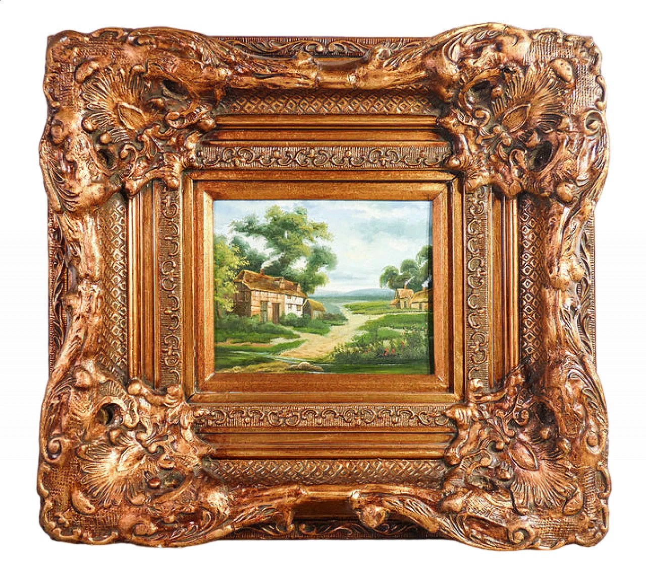 Paesaggio rurale con case, dipinto a olio su tavola, inizio '900 8