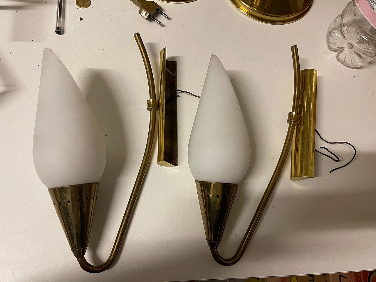 Pair of gilded metal and opaline glass wall lights, 1950s 4