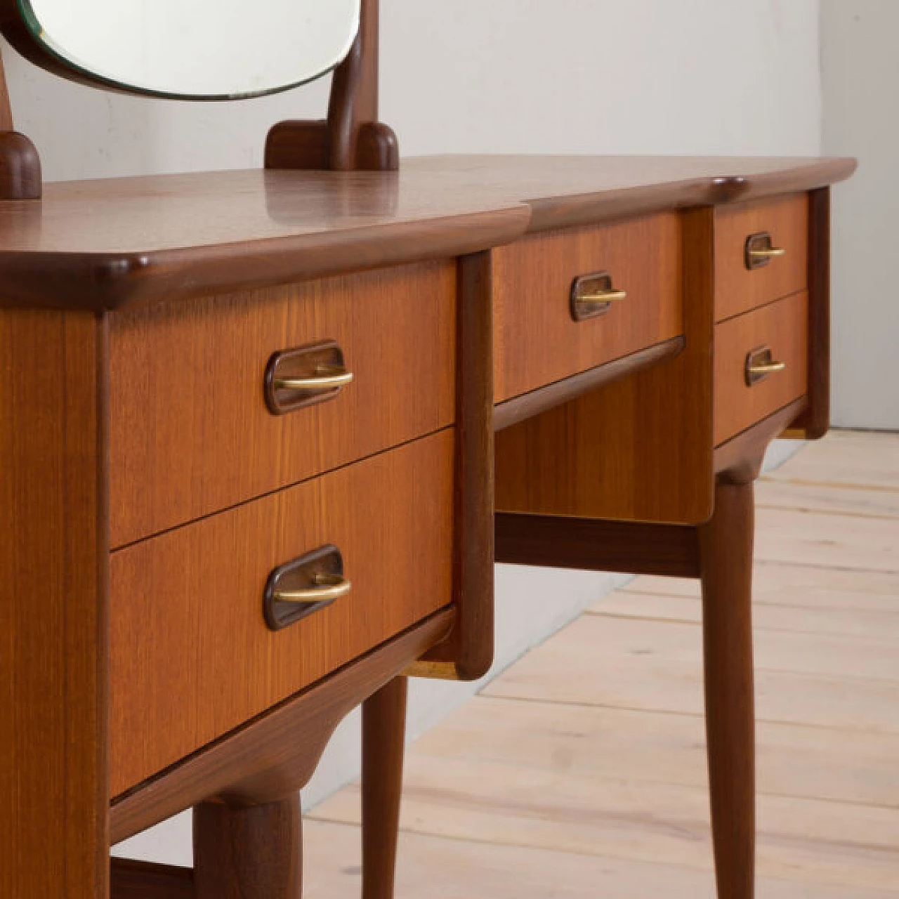 Teak dressing table with adjustable mirrors and 5 drawers, 1960s 9