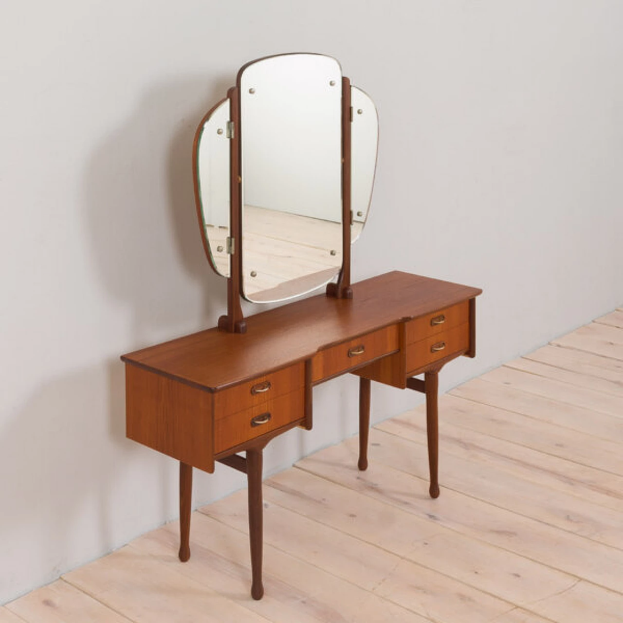 Teak dressing table with adjustable mirrors and 5 drawers, 1960s 11