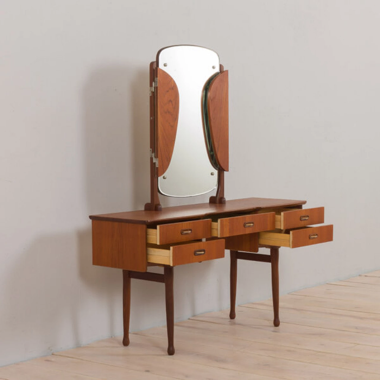 Teak dressing table with adjustable mirrors and 5 drawers, 1960s 15
