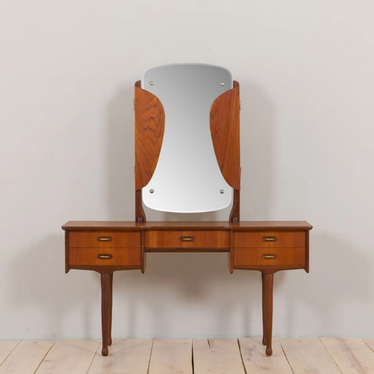 Teak dressing table with adjustable mirrors and 5 drawers, 1960s 17