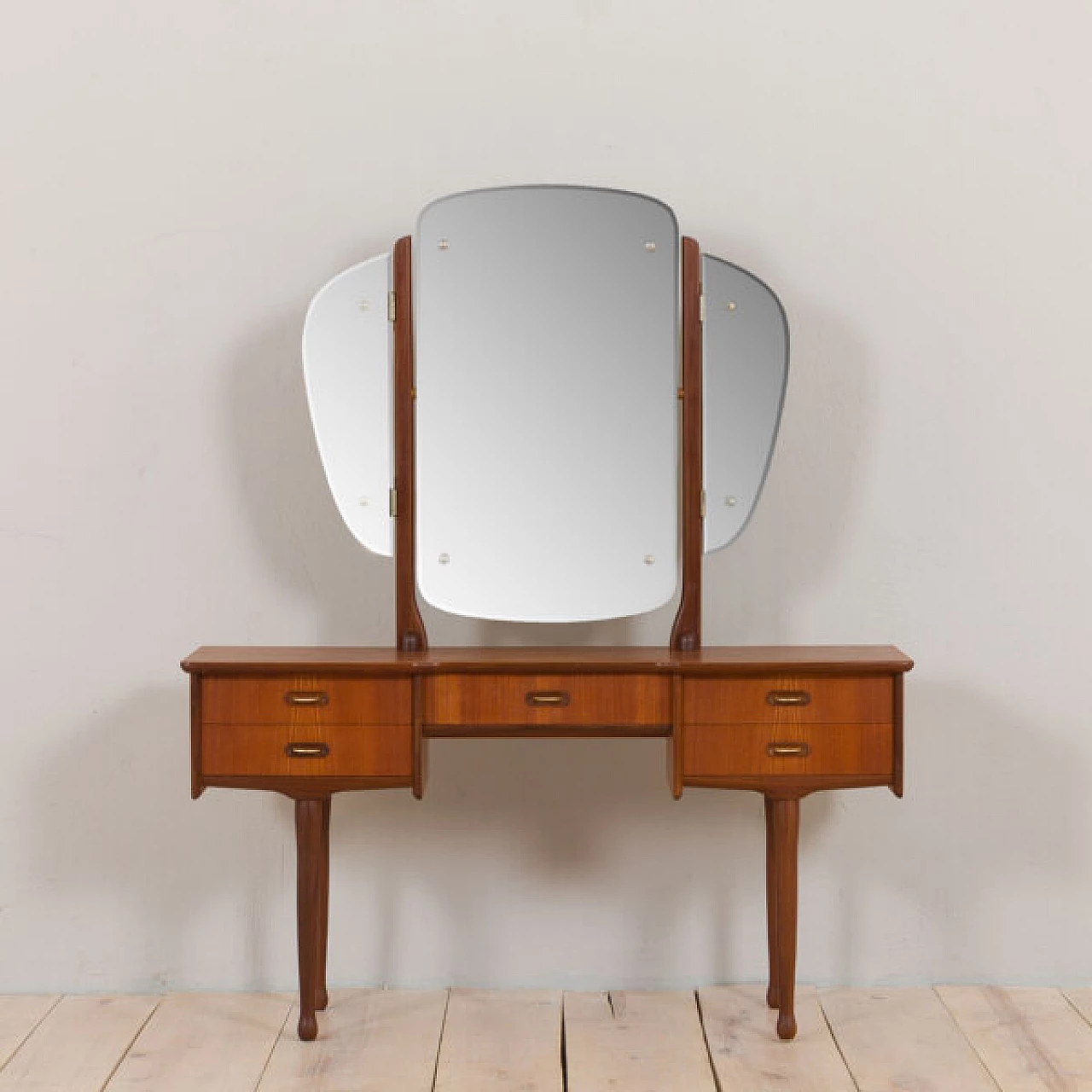 Teak dressing table with adjustable mirrors and 5 drawers, 1960s 18