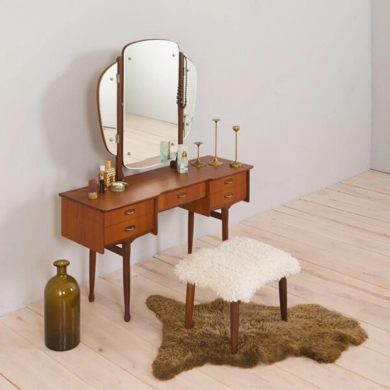 Teak dressing table with adjustable mirrors and 5 drawers, 1960s 19