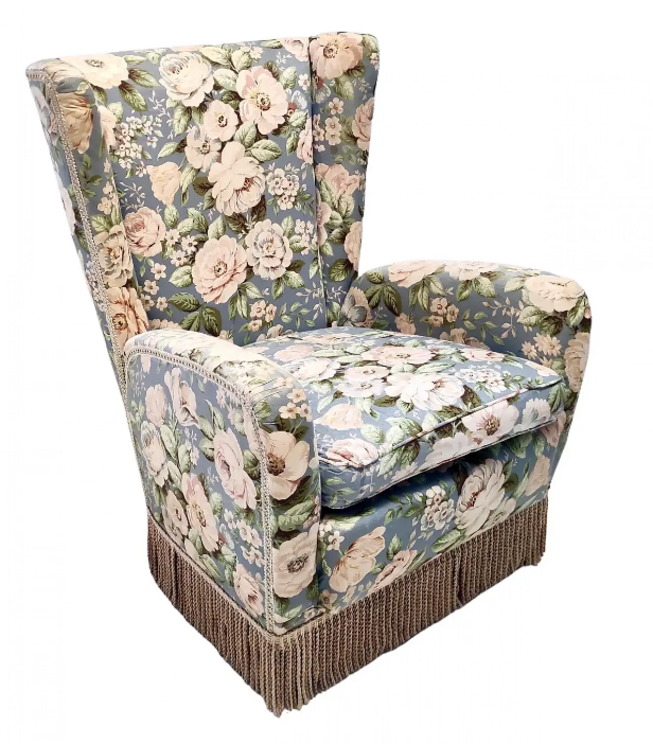 Wingback armchair in floral fabric by Paolo Buffa, 1950s 1