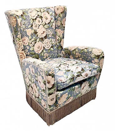 Wingback armchair in floral fabric by Paolo Buffa, 1950s