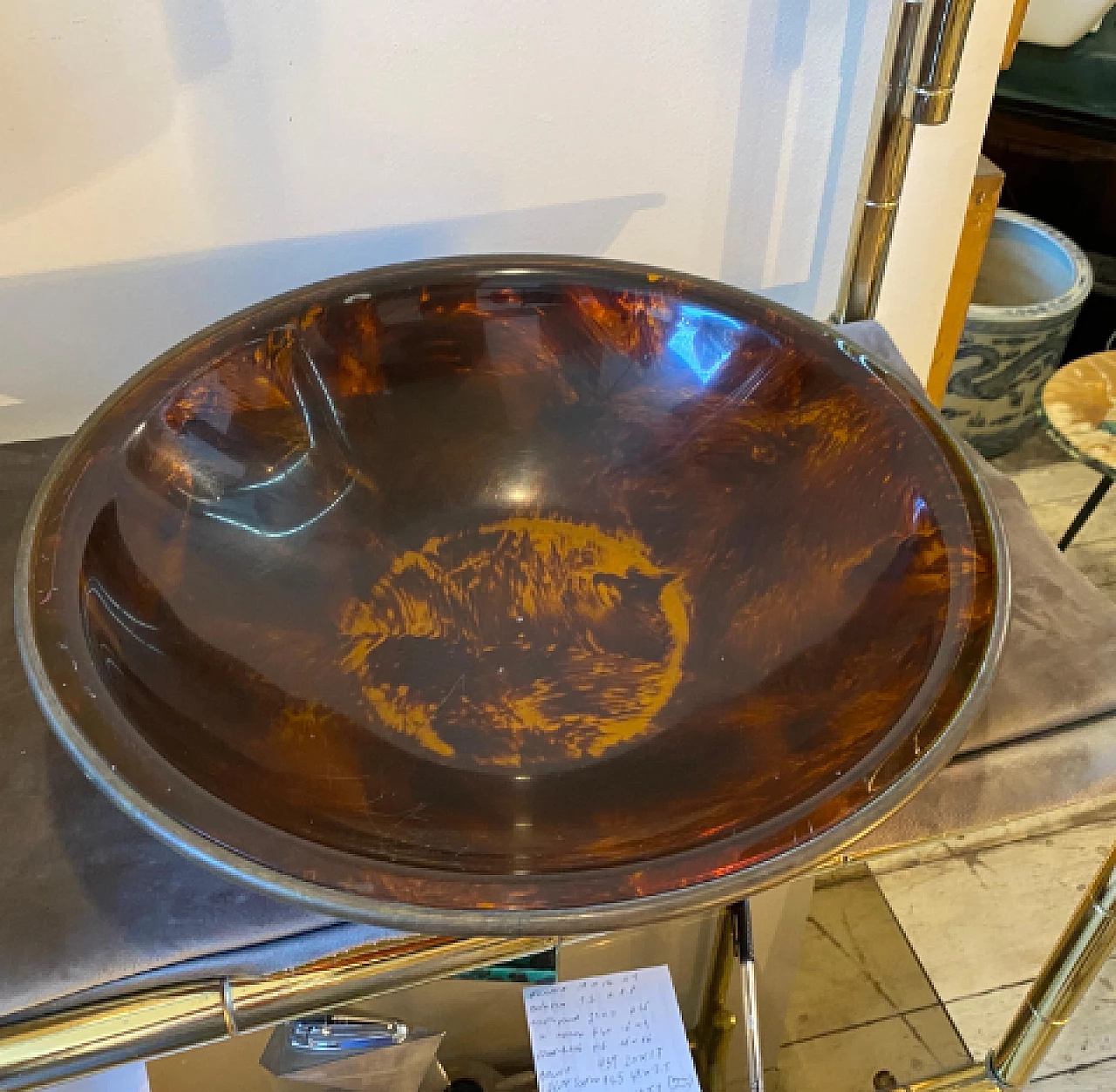 Tortoiseshell lucite and brass bowl in the style of Gabriella Crespi, 1970s 9