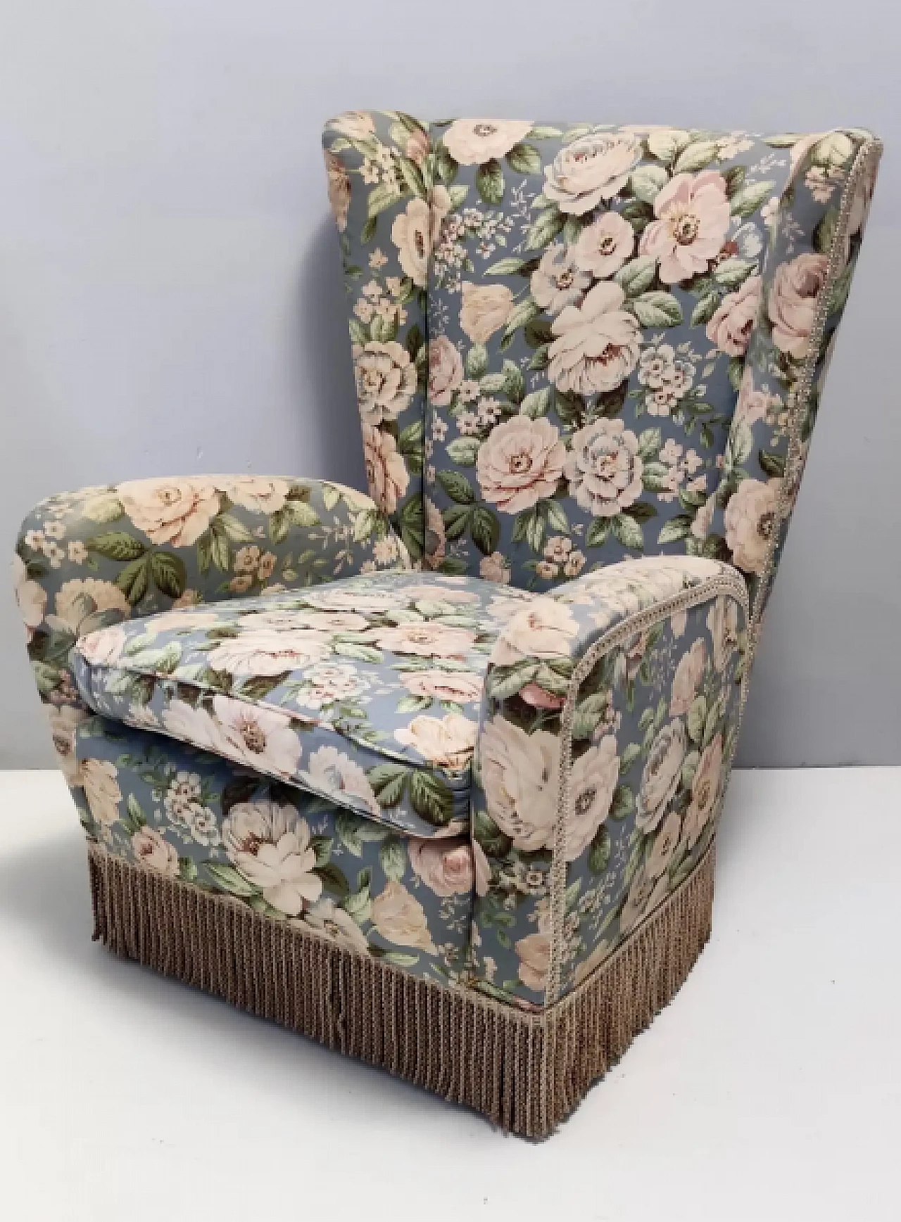 Wingback armchair in floral fabric by Paolo Buffa, 1950s 5