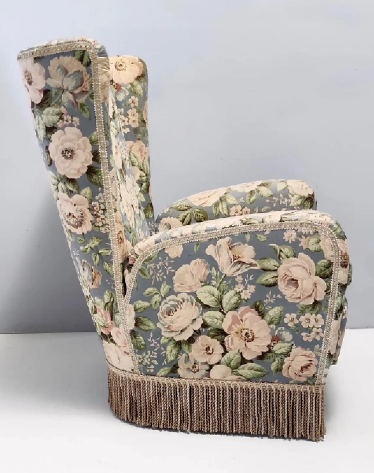 Wingback armchair in floral fabric by Paolo Buffa, 1950s 8