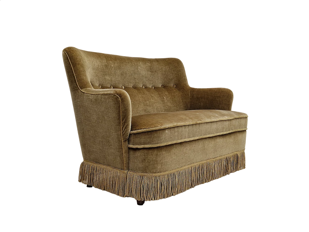 Danish beech and velvet two-seater sofa with fringes, 1960s 19