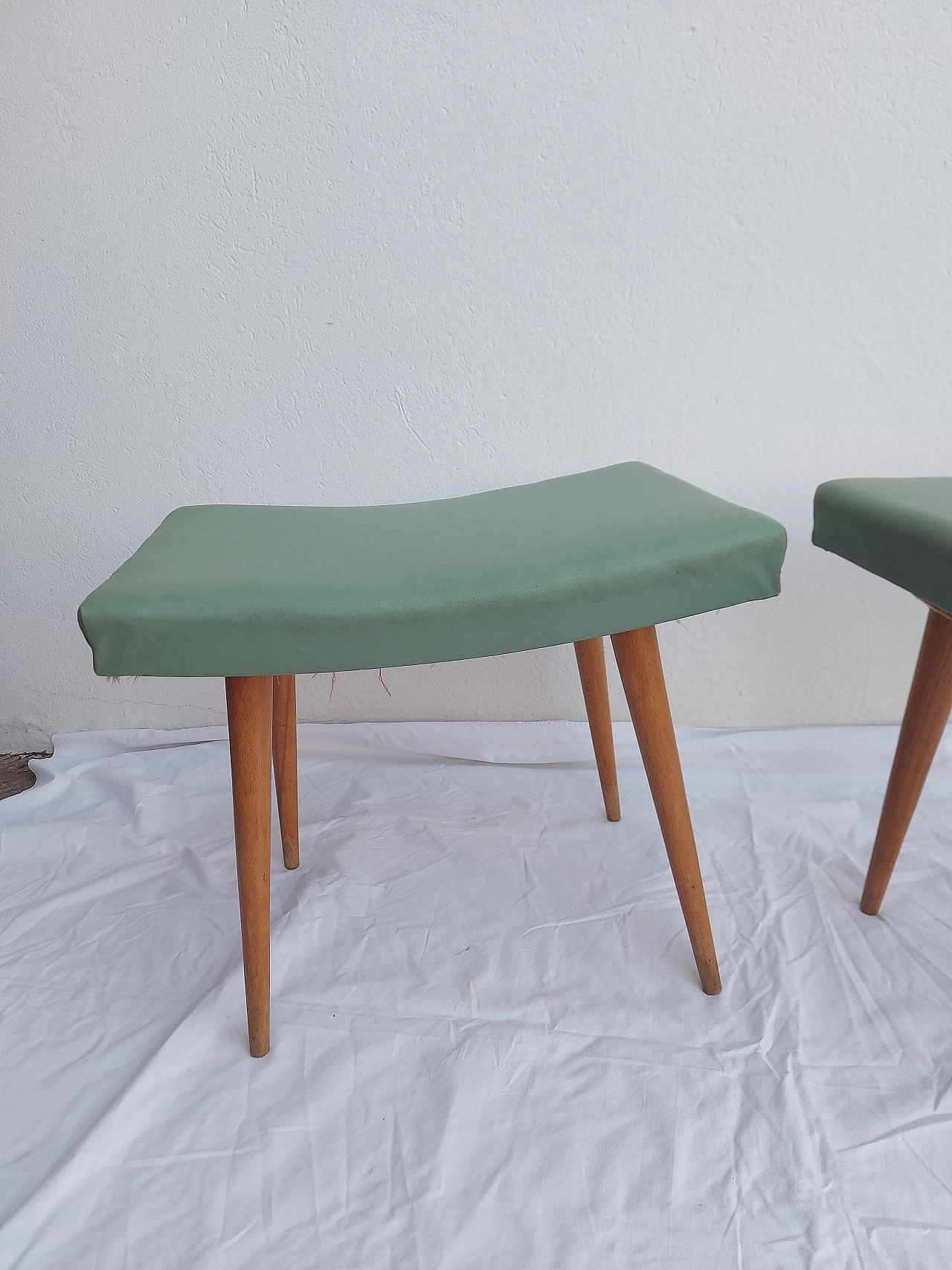 Pair of beech and cherry stools with leatherette seat, 1950s 3